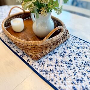 Shabby Chic Blue Floral Quilted Table Runner 14x72 Cottage Core French Country